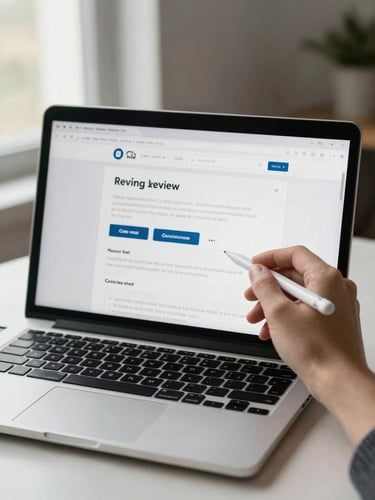 Tight environmental shot of a laptop screen displaying a clean landing page wireframe mid-review, a hand holding a stylus pointing at the call-to-action section, natural overcast window light from the left, minimal desk surface, shallow depth of field