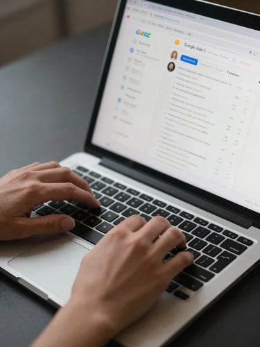 Close detail shot of hands typing on a laptop keyboard, a Google Ads interface visible on screen with active campaign metrics, cool overhead tungsten light, tight crop showing only the hands and screen edge, charcoal desk surface beneath
