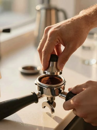 Close-up of a barista's hands carefully tamping fresh coffee grounds into a portafilter, warm golden-hour sunlight illuminating the espresso bar, clean modern aesthetic, 35mm.