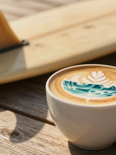 Close-up of a warm latte with ocean wave art on a wooden table, a vintage surfboard fin resting in the background, soft golden-hour light, shallow depth of field