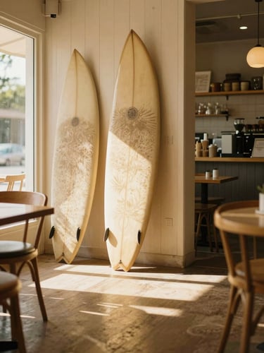 Bright sunlit cafe interior with vintage surfboards leaning against light wood walls, golden-hour sunlight streaming across the floor, cozy seating, warm editorial photography, 35mm
