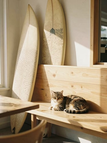 Bright, sunlit cafe interior with light wood, vintage surfboards leaning against the wall, a cat napping on a sunny bench, warm golden-hour daylight, 35mm photography