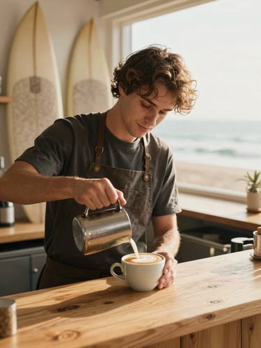 A vertical portrait of a barista pouring latte art into a ceramic cup on a light oak counter, soft morning coastal daylight, vintage surfboards visible in the background, shallow depth of field, warm tones.