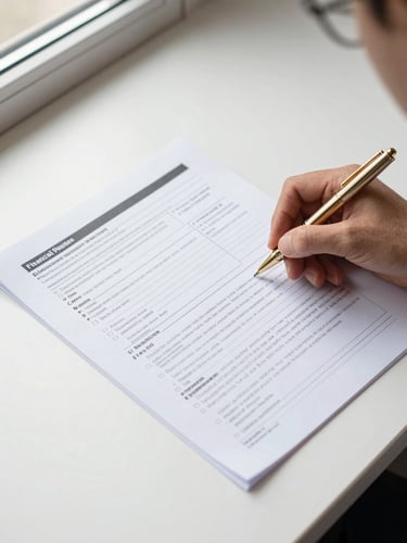 Close-up overhead flat-lay of a financial planning document on a clean white desk, a hand holding a gold pen mid-annotation, crisp neutral daylight from a window to the left, notes and underlines visible on the page