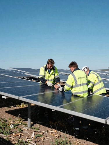 Technical team in branded safety gear performing maintenance on a solar panel array, bright equatorial sunlight, crisp shadows, 35mm