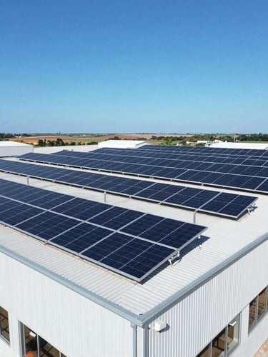 Drone shot of clean solar arrays on a modern industrial roof in Ceará, bright direct equatorial sunlight, deep blue skies, high-contrast, sharp details