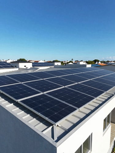 Wide aerial view of a modern residential roof in Fortaleza covered with sleek dark solar panels under intense equatorial sunlight, deep blue sky, sharp details