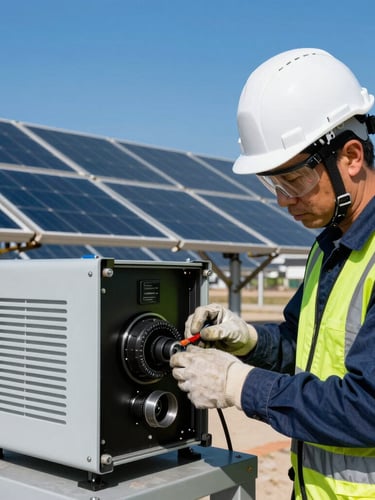 Close-up técnico de engenheiro com capacete e colete de segurança ajustando inversor de alta potência em instalação industrial, luz solar direta e nítida.