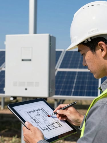 Close-up of a technical engineer in a white hardhat and safety vest analyzing electrical diagrams on a tablet, with modern solar inverters in the background, bright daylight