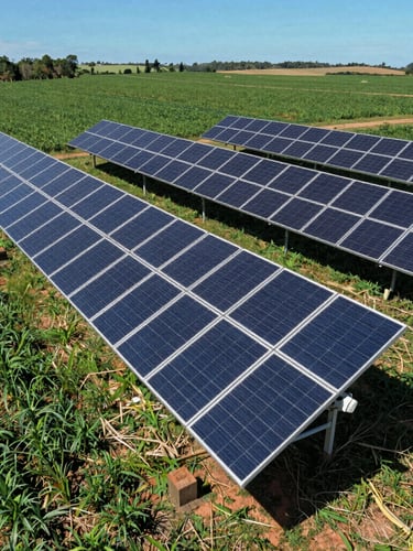High-angle drone shot of a massive solar panel array installed on the ground next to a lush green crop field in Ceará, bright equatorial sunlight, crisp shadows, deep blue sky, 35mm photography