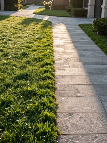 High-angle environmental shot of a manicured residential estate at sunrise, bright morning sun casting long clean shadows, a razor-sharp turf edge meeting a clean stone pathway, dew visible on the deep green grass.