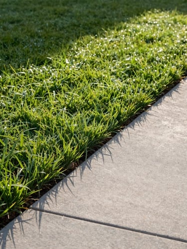 A crisp, high-angle vertical shot of a perfectly manicured lawn border, sharp soil line meeting clean concrete, bright early morning dew, long clean shadows.