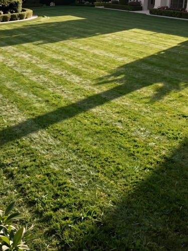 A high-angle environmental shot of a manicured estate lawn under bright morning sun, showing crisp geometric turf patterns and long clean shadows.