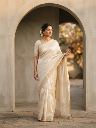 Editorial medium shot of a woman in a flowing cream mulberry silk saree standing against a minimalist architectural arch, soft golden hour light, warm editorial fashion photography.