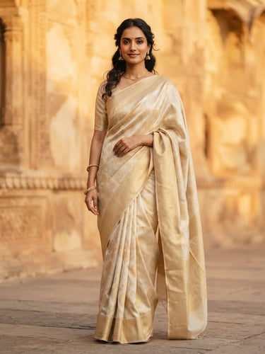 A medium portrait of a model standing against warm architectural stone, showcasing the elegant drape of a cream and soft gold mulberry silk saree, soft natural golden hour light, shallow depth of field, 85mm lens