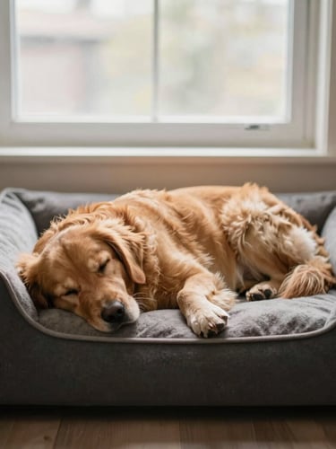 A golden retriever peacefully sleeping on a plush, modern dog bed in a sunlit living room, soft natural window light, muted earthy tones, shallow depth of field, 35mm lens