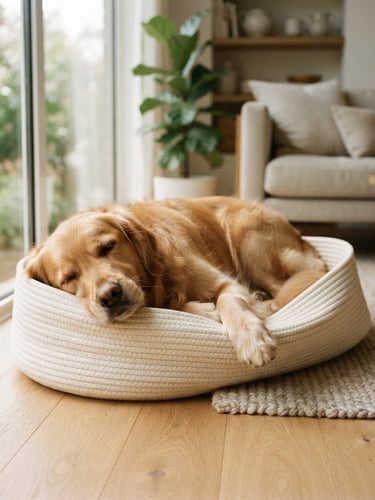 A golden retriever resting peacefully on a minimalist woven cream dog bed in a sunlit, modern living room, soft natural window light, muted earthy tones, 35mm lens.