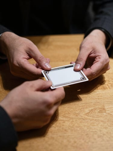 moody editorial photography, dark low-key lighting, hands in a dark-toned suit holding a pristine trading card over a clean wooden gaming table, warm gold accents, shallow depth of field, 35mm