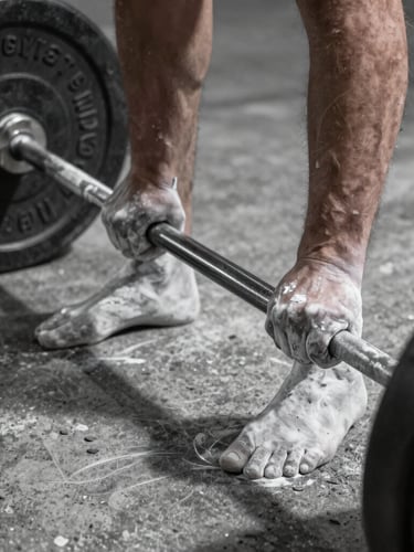 High-contrast desaturated close-up of chalked hands gripping a heavy barbell, harsh shadows, low-key lighting, raw concrete environment.