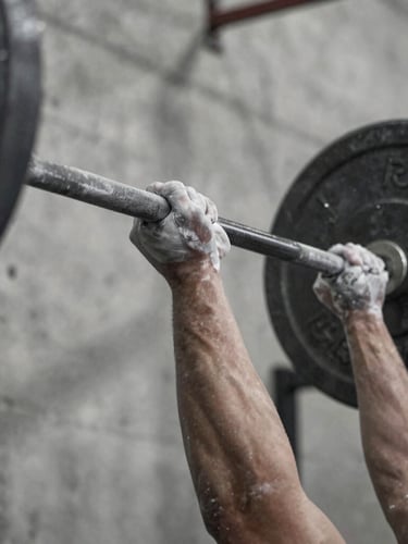 Close-up desaturated shot of chalked hands gripping a heavy steel barbell in a raw concrete gym, harsh side lighting and deep shadows.