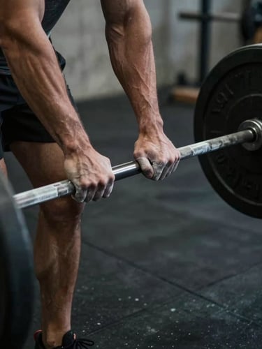 Close-up of chalked hands gripping a heavy steel barbell in a raw concrete gym, moody low-key lighting, high-contrast shadows