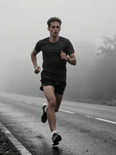 Low-key, high-contrast desaturated shot of a male athlete running through early morning fog on a wet asphalt road, focused expression, cinematic framing.