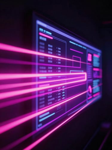 Dynamic neon light trails zooming past a glowing digital interface displaying analytics, dark obsidian background, intense magenta and violet neon lighting, 35mm