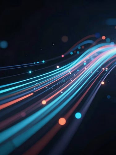 Macro close-up of dynamic glowing data streams and light trails on a dark obsidian background, futuristic tech photography, 35mm