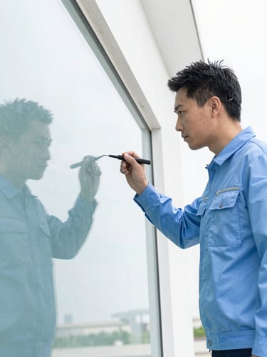 Bright high-key photography of a professional inspector in a light-blue uniform checking a pristine glass surface with a specialized tool, clean reflections, daylight