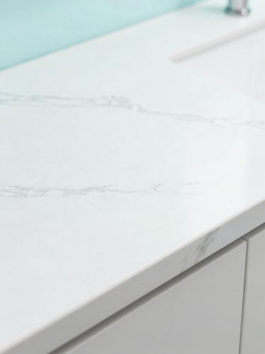 Bright high-key architectural photography, macro shot of a perfectly sanitized marble countertop reflecting soft cyan light, clinical clean aesthetic, daylight
