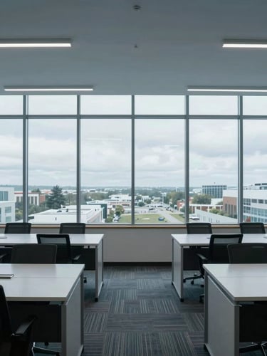 Wide-angle architectural view of a structured, minimalist corporate office in Orem, cool overcast daylight streaming through large windows, clean desks, professional tone