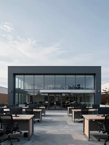 A clean, modern corporate office in Orem, Utah. Architectural framing, sharp focus, cool overcast daylight casting soft shadows on organized desks.
