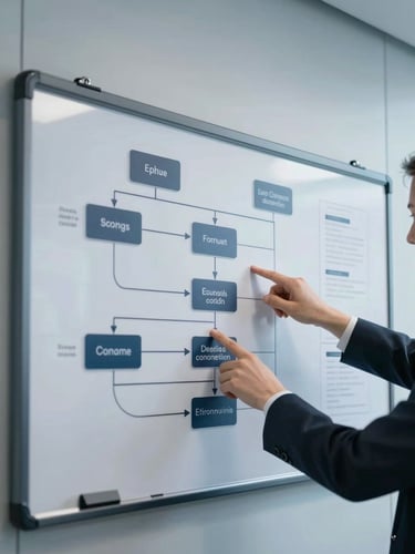 Close-up of a clean, organized planning board in a modern conference room, cool overcast lighting, hands pointing to a structured workflow diagram