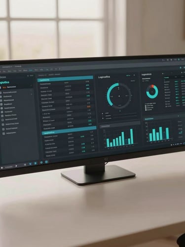 Overhead desk layout of a clean digital dashboard displaying logistics workflows and operational metrics, soft Arizona window light, muted charcoal and cream tones, shallow depth of field, 35mm
