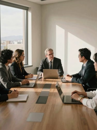 Medium-wide environmental shot of a professional collaborative meeting in a sunlit Phoenix office, architectural details, soft shadows, warm editorial photography, 35mm