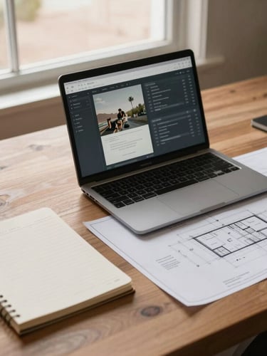 An overhead desk layout with clean digital dashboards, a physical notebook, and architectural blueprints on a warm wood surface, soft Arizona window light, shallow depth of field, 35mm
