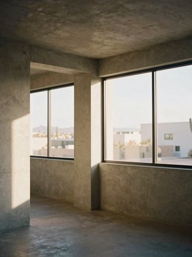 Architectural shot of a modern minimalist Arizona office space with warm diffused window light, clean concrete lines, and soft shadows, 35mm photography