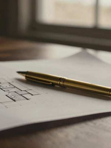 Close-up of architectural blueprints and a gold pen resting on a dark wood table, warm diffused Arizona sunlight filtering through a window, 35mm, muted charcoal tones.