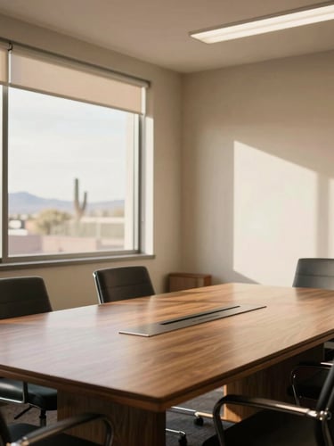 A medium-wide environmental shot of a modern Arizona office boardroom, warm diffused sunlight filtering through large windows, clean oak table, professional setting, muted charcoal and cream tones, 35mm