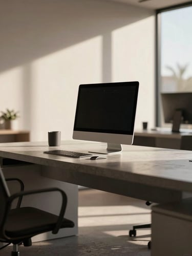 Warm editorial photography of a modern minimalist corporate office in Tolleson, Arizona. Soft window sunlight casting long, elegant shadows across a concrete desk with a clean digital dashboard, 35mm, shallow depth of field.