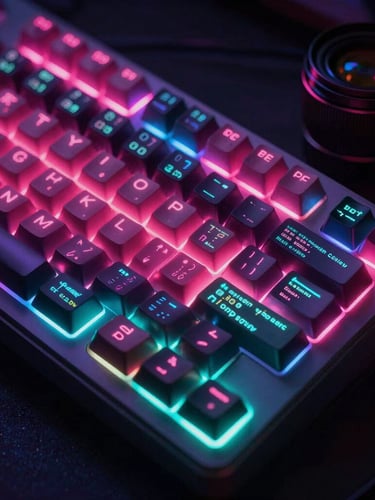Close-up of a glowing mechanical keyboard with neon pink and cyan rim lighting, dark ambient background, code reflecting on keycaps, 35mm lens