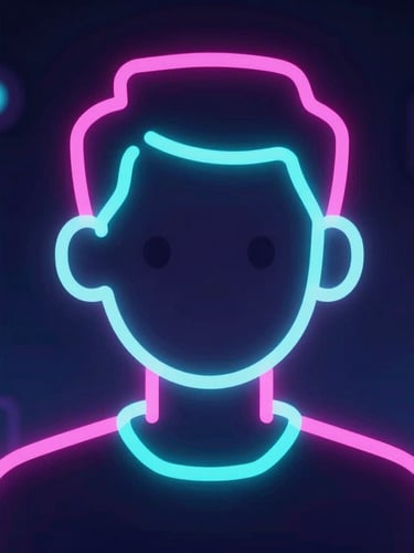 Close-up of a stylized vector avatar of a teacher with neon pink and cyan rim lighting, dark ambient background, synthwave aesthetic, 35mm lens