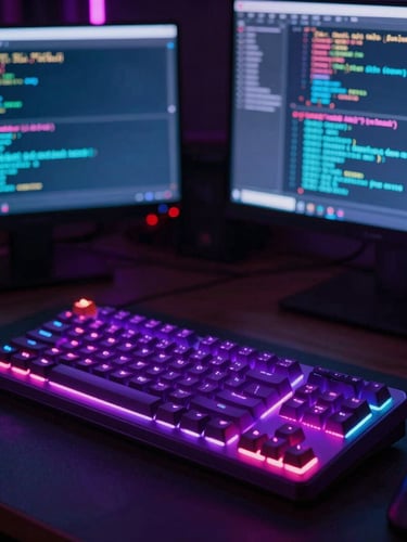 Dark ambient workspace with a glowing mechanical keyboard, purple reflections on computer screens showing lines of code, retro-futuristic aesthetic