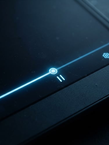 Sleek macro shot of a dark slate device screen displaying the Maghann video player interface, subtle neon blue glowing timeline, cool low-key studio lighting, high-contrast tech minimalism.