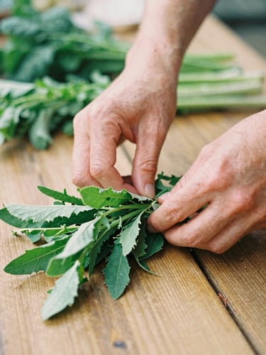 Warm natural daylight close-up of hands arranging fresh-picked local produce on a rustic wooden table, shallow depth of field, 35mm film look.