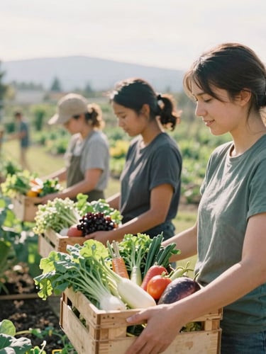 Side view of volunteers working side-by-side in a sunlit Shelton community garden, holding crates of colorful fresh vegetables, soft Pacific Northwest daylight.