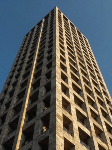 Low-angle heroic shot of a luxury high-rise tower concrete structure against a sharp blue sky, architectural daylight with deep metallic gold reflections.