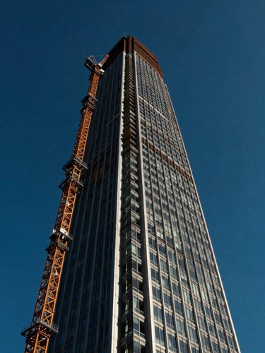 Low-angle heroic architectural photography of a soaring modern skyscraper under construction, steel cranes silhouetted against a high-contrast deep blue sky, sharp shadows, 35mm lens