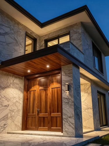 Low-angle architectural shot of a luxury villa interior, warm ambient light glowing on book-matched marble walls and custom walnut joinery, sharp focus, 35mm lens