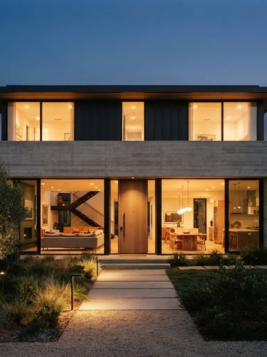 Straight-on architectural photography of a modern minimalist single-family home at dusk, warm interior lighting glowing through large windows, clean concrete and glass facade, 35mm